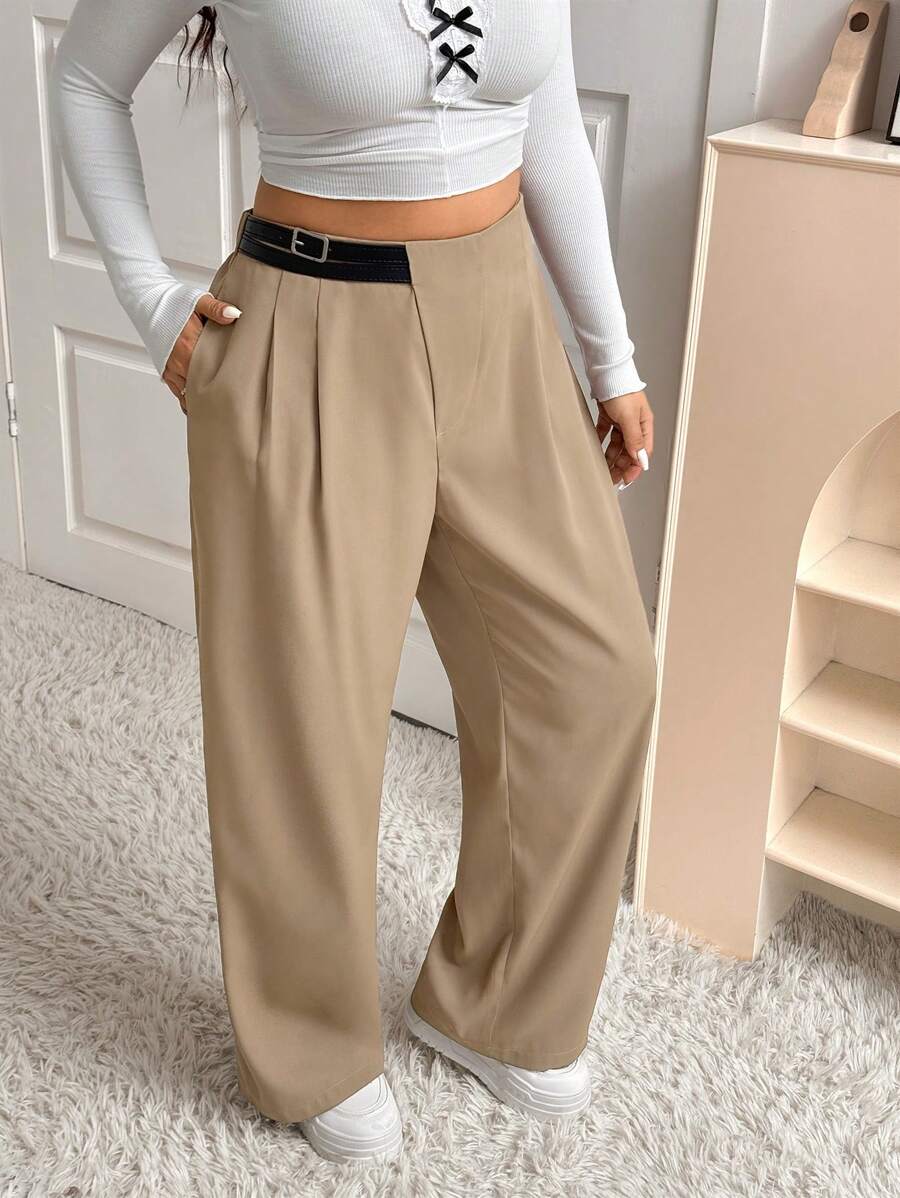 SHEIN EZwear 大码女式高腰系带不对称腰线直筒裤,秋冬款 - 巧克力棕 - 查看 1
