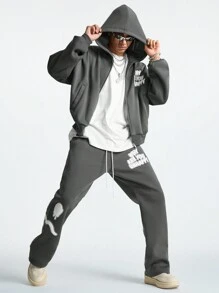 Manfinity VCAY Men's Loose Knitted Long Sleeve Sweatsuit Set, For Fall Winter - Grey - View 3