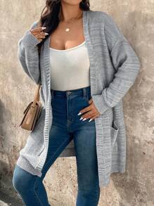 EMERY ROSE 大码女式休闲开衫，带口袋 - 灰色 - 查看 4