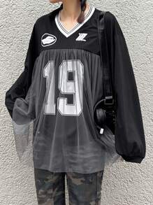 FRIFUL Women's Number & Letter Print Mesh Contrast T-Shirt With Sporty Vibe,Fall Clothes - Black - View 2