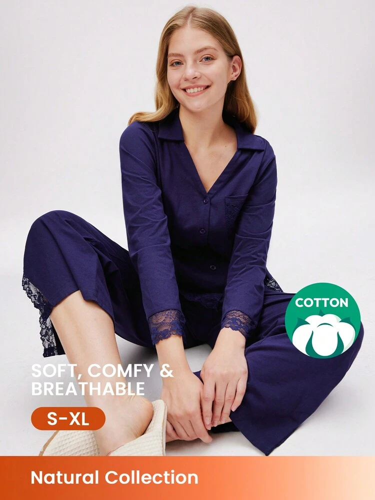 Cotton Lace Trim Button-Up PJ Set