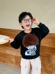 SHEIN 2 件套年轻男孩卡通人物印花圆领运动衫和工装裤休闲装，秋季 - 黑色 - 查看 5