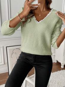 SHEIN LUNE V-hals kant patchwork strik decor casual all-match lange mouw pullover trui