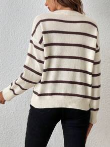 SHEIN Frenchy Black White V Neck Striped Pattern Drop Shoulder Sweater - Coffee Brown - View 2