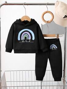 SHEIN 女婴加厚连帽休闲彩虹印花运动衫套装，秋冬 - 黑色 - 查看 1