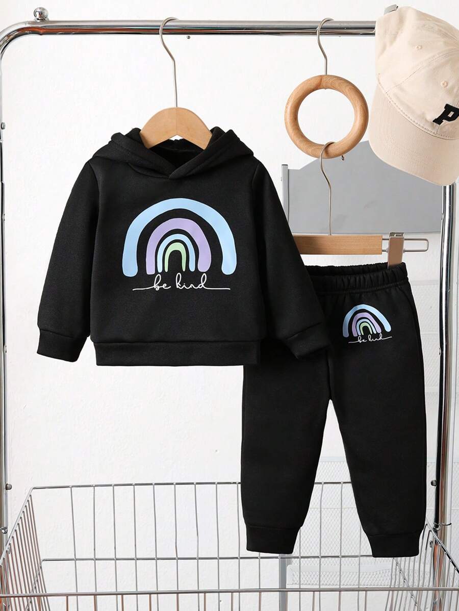 SHEIN 女婴加厚连帽休闲彩虹印花运动衫套装，秋冬 - 黑色 - 查看 1