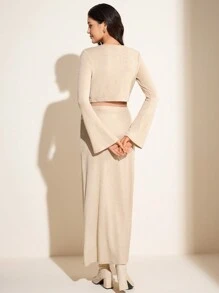 MaterniWear Conjunto de 2 piezas para otoño: Top de manga larga combinado con falda sirena con cordón, conjunto de maternidad entallado