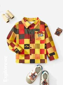 SHEIN Camisa de manga larga casual con estampado de cuadros y bloques de color para niños pequeños, otoño/invierno