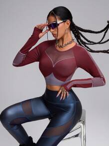 Innovista 无缝3D立体塑形蛇纹修身透气网状结构运动卫衣上衣，性感长袖上衣，适合徒步、露营、跑步、健身、日常户外活动、秋冬女装，核心运动，情人节秋季新款女式3D立体塑形，实用时尚 - 酒紅色 - 查看 9