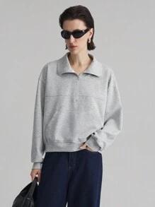 Ontre Women's Casual Solid Color Half-Zip Long Sleeve Sweatshirt, Versatile College Style, Suitable For All Seasons, Light Gray