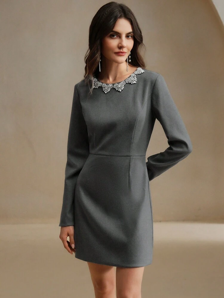 1pc Women Elegant Grey Embellished Fitted Midi Dress, Autumn