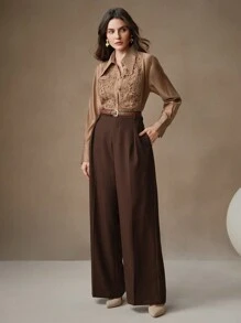 Anewsta Blusa transparente de mujer con cuello de encaje aplicado y contraste