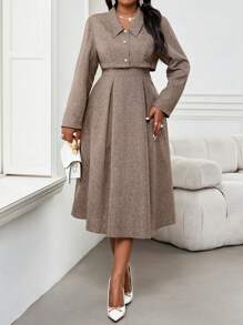 SHEIN Lady 秋冬优雅通勤办公室卡其色梭织方领喇叭中长袖大码套装冬季女装女套装感恩节女装保暖长袖两件套冬季服装圣诞女装圣诞服装长袖连衣裙女两件套圣诞女装女西装外套圣诞连衣裙感恩节圣诞服装冬季冬装冬季套装假日冬季女装套装棕色高级优雅服装秋季服装曲线优雅女装秋季女装秋季女装冬季服装新年女装女装冬季服装