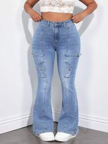SHEIN ICON Y2K Elastic Denim Flare Leg Pants - Medium Wash - View 7