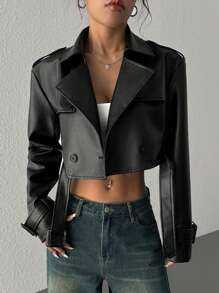 Muchica 女式休闲街头风格双排扣短款仿皮风衣 - 黑色 - 查看 3