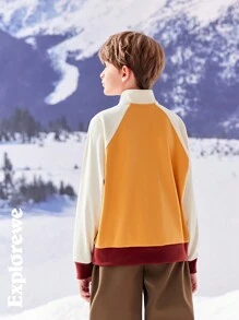 SHEIN Tween Boys Contrast Color Raglan Sleeve Zipper Placket Casual T-Shirt, Autumn/Winter - Yellow - View 6