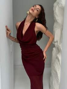 Aloruh 女士勃艮第红色优雅性感派对礼服，金属线垂领低胸修身美人鱼下摆礼服，适合新年 - 酒紅色 - 查看 7