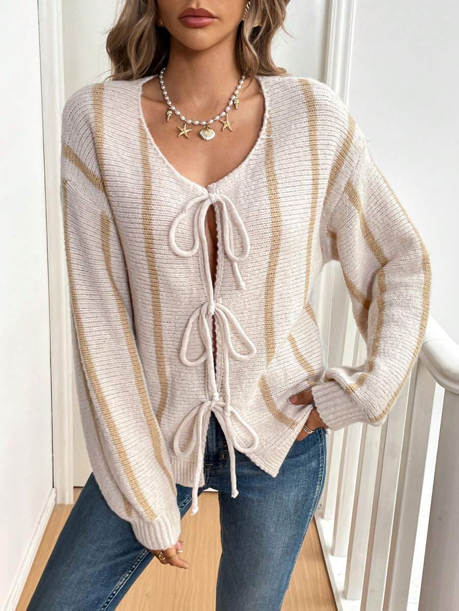 SHEIN Frenchy Cárdigan informal de mujer con bloques de color y rayas, cierre con lazo, para otoño/invierno