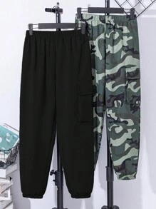 SHEIN 2pcs/Set Kids Tween Boys Casual Street Camouflage Pattern & Solid Color Patch Pockets Straight Leg Loose Pants,Suitable For School,Garden,Beach,Birthday,Spring,Summer,Autumn,Winter