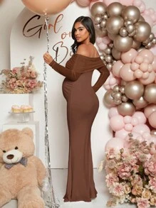 Loomaby Pregnant Women Off-Shoulder Fishtail Baby Shower Dress For Maternity - Brown - View 2