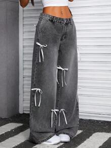 SHEIN ICON 女式低腰蝴蝶结装饰洗水牛仔裤