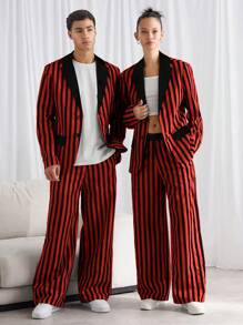 Manfinity VCAY Men's Woven Striped Color Block Loose Casual Turndown Collar Long Sleeve Blazer Jacket, Suitable For Autumn, For Fall Winter - Red - View 4