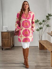 EMERY ROSE 大码女式乡村民族风花卉印花翻领单排扣长款夹克，女士冬装 - 彩色 - 查看 6