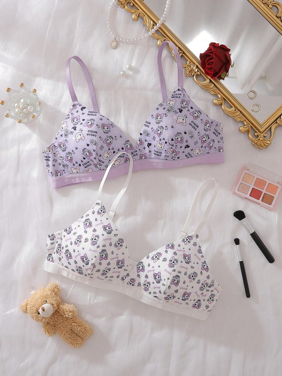 2pcs Teen Girls Cute Cat Print Patchwork Cup Teen Girls Underwear Set