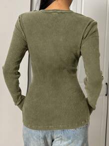 SHEIN EZwear 橄榄绿色针织纽扣锁眼长袖紧身休闲女式 T 恤