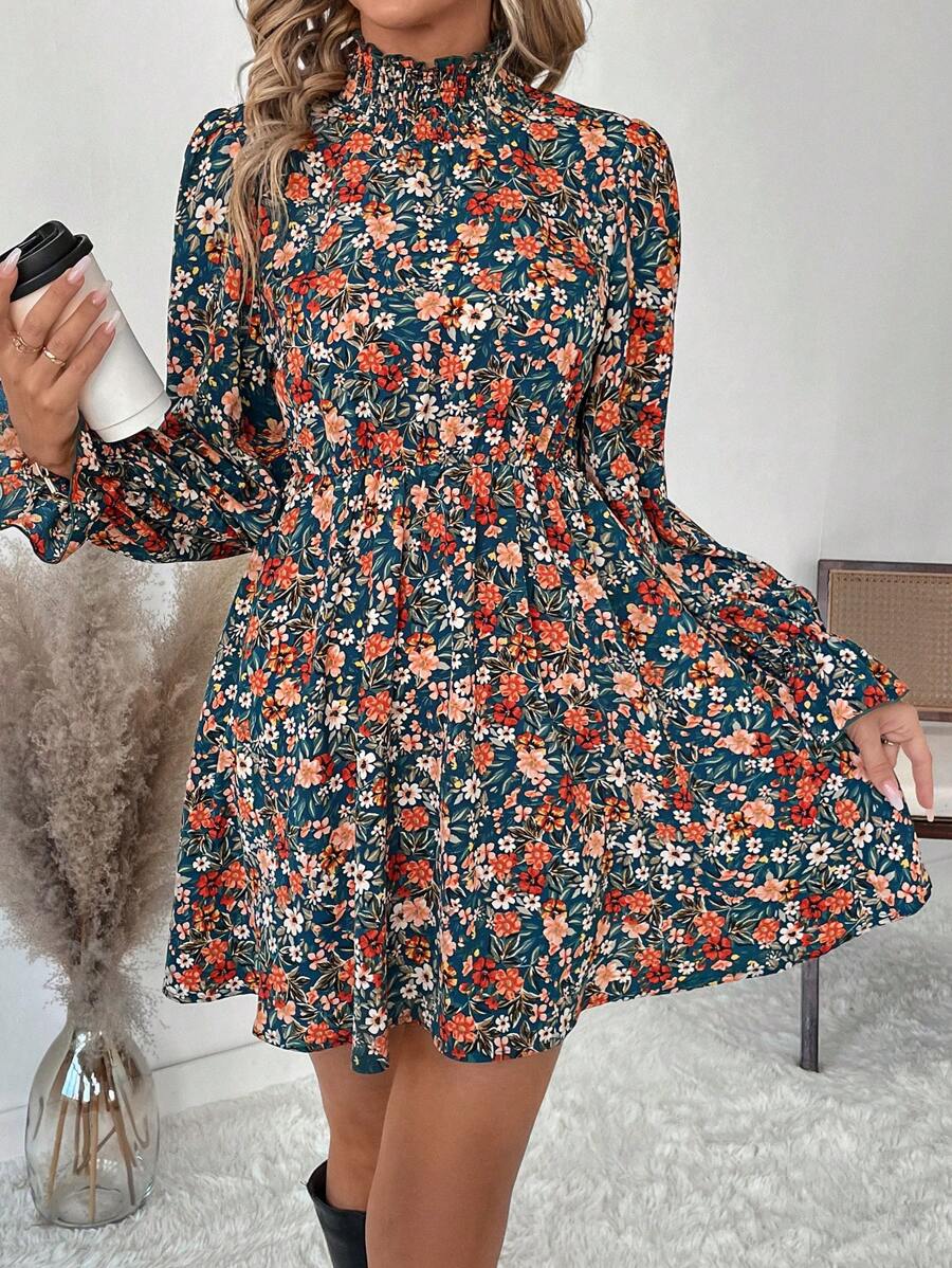 SHEIN Clasi 女士荷叶边领收腰碎花迷你度假连衣裙 - 彩色 - 查看 1