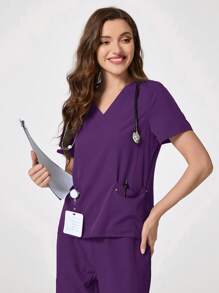 TaskEZ Solid Color Short Sleeve Dual Pocket Nursing Scrub Uniform Top