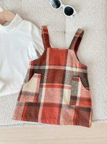 SHEIN LMoss Kids LMoss Babygirl Autumn/Winter Plaid Pinafore Dress + Knit Elastic Underlayer Set - Brown - View 3