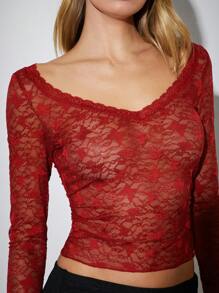 Easelle Blusa de mujer de manga larga y cuello redondo ajustada de unicolor y transparente