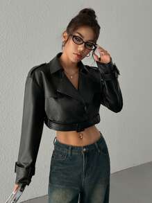 Muchica 女式休闲街头风格双排扣短款仿皮风衣 - 黑色 - 查看 4