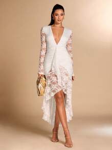 SHEIN BAE Damen Kleid mit tiefem V-Ausschnitt, geraffeter Taille, Rüschensaum, eleganter schlanker Passform, weiße Spitze - Weiss - Übersicht 7