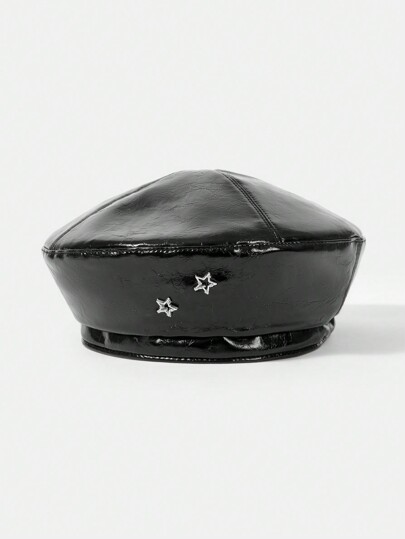 SHEIN SXY قبعة بريه من الجلد الصناعي (البي يو) باللون الأحمر مع نجمة معدنية للزخرفة، تجعل الوجه يبدو أصغر، مناسبة للخريف والشتاء