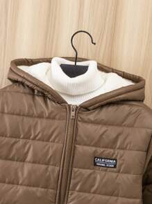 SHEIN Leap Crew Tween Boy Casual Composite Thermal Lined Thick & Super Warm Hooded Cardigan Parka Coat, Suitable For School, Garden, Beach, Birthday, Spring, Summer, Autumn, Winter - Brown - View 5