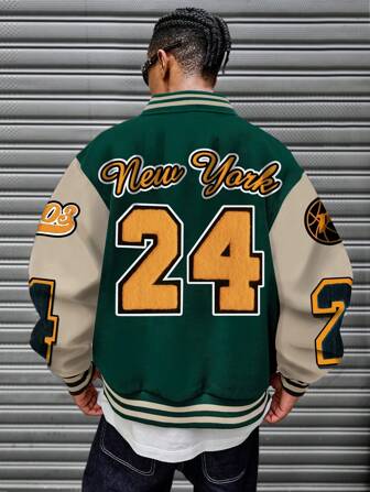 Manfinity Roghcode Men's Oversized Long Sleeve Colorblock Letter Print Button-Up Baseball Jacket, For Fall