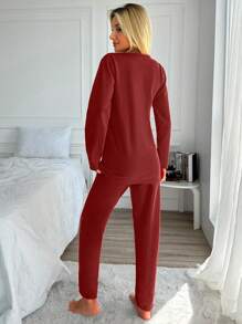 EURMUSE Women Letter Print Long Sleeve & Pants Pajama Set - Burgundy - View 2