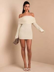 SHEIN BAE 优雅女士露肩长袖钩针针织连衣裙，适合日常约会、外出、夜店派对和聚会，秋季 - 杏色 - 查看 5