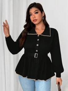 Calvaya Plus Size French Collar Button Waisted Flared Cardigan, For Autumn/Winter Fall Cloth For Women