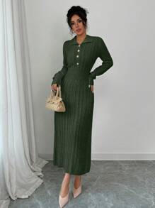 Chiquease Women Long Sleeve Solid Color Button Half Placket Maxi Elegant Sweater Dress, Autumn/Winter - Army Green - View 3