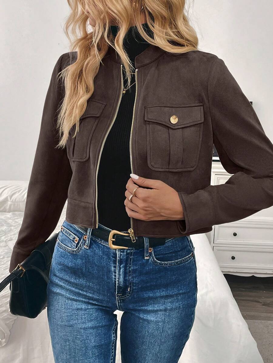 Louniche Women's Autumn/Winter Large Pocket Metal Button Short Military Green Jacket - Brown - View 1