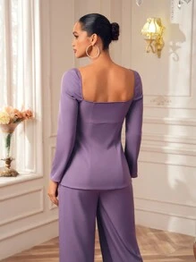 WANDERFUL 设计师商务休闲紫色拉链长袖口袋优雅衬衫，适合假日、春季、节日、办公室 - 紫色 - 查看 2