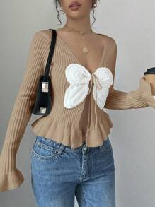 Elenzga Cárdigan informal de mujer con lazo al frente y bajo con volantes, manga larga, para otoño/invierno - Camel - Ver 3