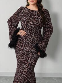 Modelyn Plus Size Leopard Print Fluffy Sleeve Panel Elegant Long Sleeve Dress - Multicolor - View 9