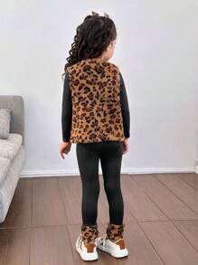 SHEIN Áo khoác cardigan không tay màu trơn Nova Plush ấm áp giản dị cho bé gái kèm áo dài tay họa tiết da báo và quần dài - Nhiều màu - Xem 2