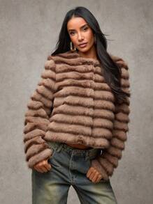 SHEIN BAE Áo khoác lông cho nữ, thời trang tối giản, phù hợp mặc hàng ngày - Cà phê nâu - Xem 5