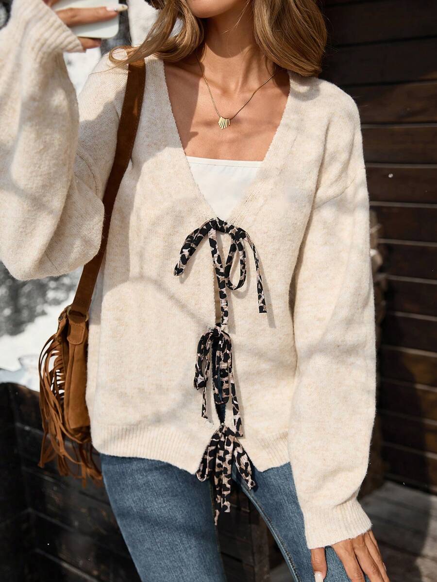 SHEIN VCAY 女式 V 领复古豹纹系带开衫，休闲度假装，秋冬 - 彩色 - 查看 1