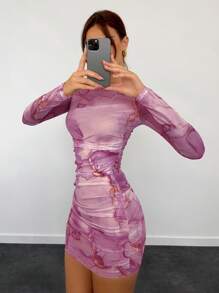 Aloruh Women's Autumn/Winter New Romantic Date Tie Dye Printed Sheer Mesh Tight Fit Long Sleeve Mini Bodycon Dress - Purple - View 5